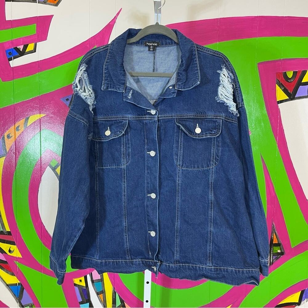 Boohoo, Oversized Distressed Stretchy Denim Jacket. Size 12. In excellent cond!